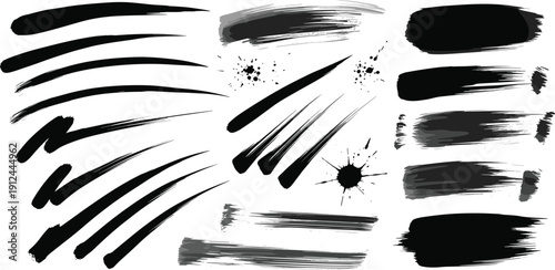 Dynamic black brush strokes and splatters creating abstract artistic patterns on a clean canvas from a direct viewpoint