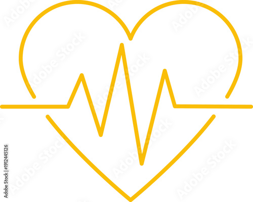 Yellow heart line icon with pulse trace on white background