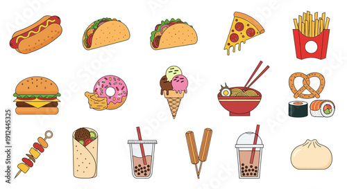 Assorted Fast Food and Desserts Icons Set.