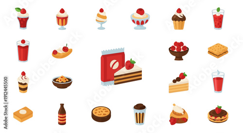 Assorted Sweet Treats and Beverages Icons.