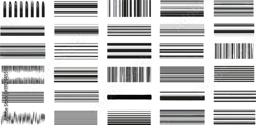 Collection of various black and white barcodes and striped patterns arranged in a grid on a plain surface viewed from directly above