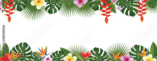 Vibrant tropical floral and foliage border illustration, perfect for summer event invitations, beach party banners, or exotic vacation themed designs