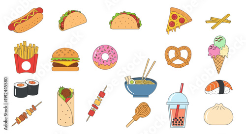 Assorted International Cuisine Food Items Illustration.