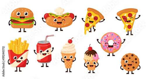 Cartoon Fast Food and Desserts Characters.