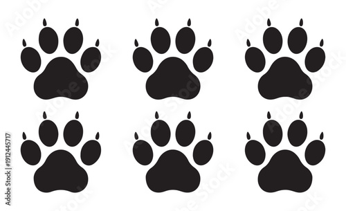 Six identical black dog paw prints, perfect for pet-related designs and animal themed projects