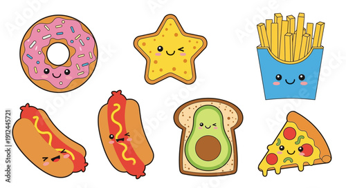 Assorted Cartoon Food Items with Smiling Faces.
