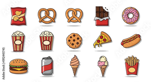 Assorted Fast Food and Desserts Icons Set.