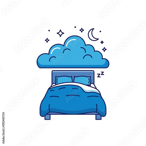 Cozy bed under a cloud with moon and stars, representing sleep, rest, and sweet dreams, isolated white background.