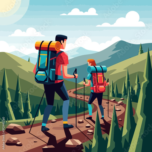 Two people hiking with backpacks and poles on a mountain trail, enjoying nature and outdoor adventure.