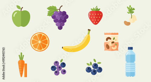 Assorted Fresh Fruits and Vegetables and Drinks.