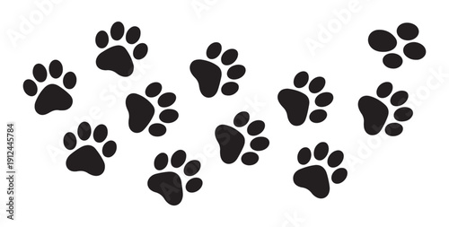 Scattered black dog paw prints on a white background, ideal for playful pet-themed designs
