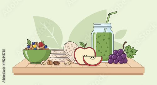 Healthy Food and Drink Arrangement on Table.