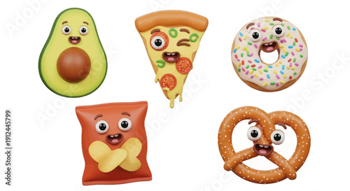 Cartoon Food Characters with Facial Expressions.