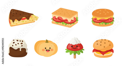 Assorted Cartoon Food Items and Desserts.