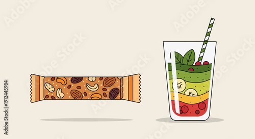 Granola Bar and Smoothie Drink Illustration.
