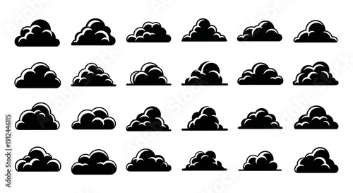 black cloud icons set with diverse white outlines depicting weather graphic elements for modern digital design apps and web.
