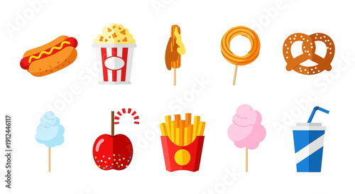 Assorted Colorful Cartoon Food Items and Treats.