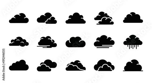 black cloud icons illustrating diverse atmospheric conditions from calm to windy and rainy for uiux and weather applications.