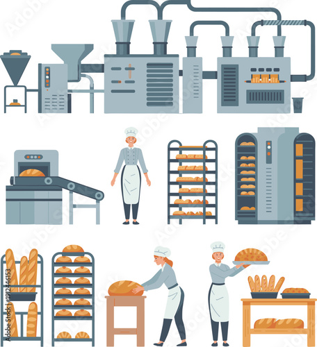 Industrial bakery factory with automated baking machines, conveyor system, professional bakers and fresh bread production vector illustration