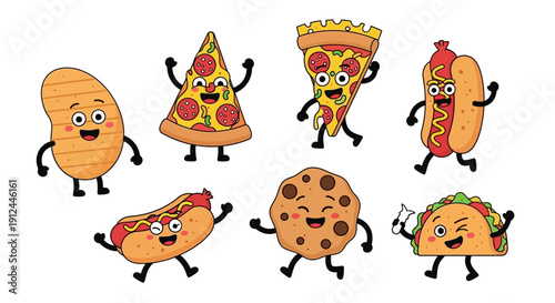 Cartoon Food Characters with Facial Expressions.