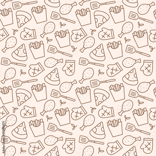 Seamless Fast Food Line Pattern for Restaurant Packaging and Menu Background
