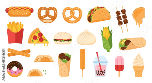 Assorted Cartoon Food Items and Treats Display.