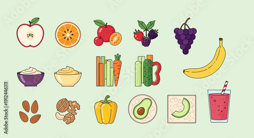 Assorted Fruits and Vegetables and Juices.