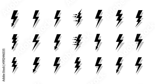 black lightning bolt and thunderbolt icons with dynamic shadows representing electricity power speed and warning.