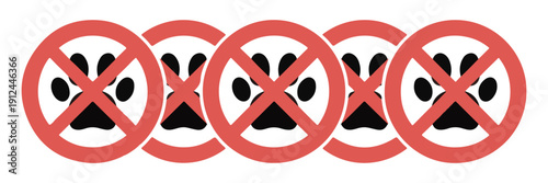 Five overlapping red prohibition circles with black paw prints inside