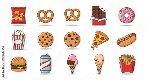 Assorted Fast Food and Snacks Icons.
