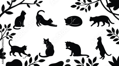 Black Silhouettes of Cats in Various Poses.