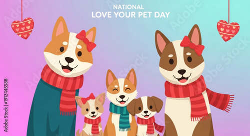 Corgi family in scarves and bows on national love your pet day with heart decorations