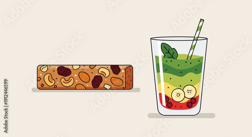 Glass of Fruit Smoothie with Granola Bar.