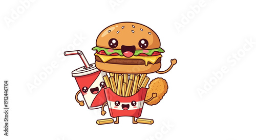 Cartoon Burger Character Holding Fries and Drink.