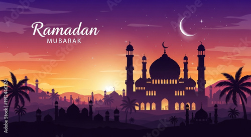Ramadan mubarak greeting card with mosque silhouette at sunset crescent moon and palm trees in warm purple orange hues