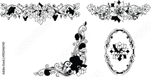 described features four distinct black and white floral decorative elements, each showcasing unique designs that contribute to a cohesive and elegant aesthetic.