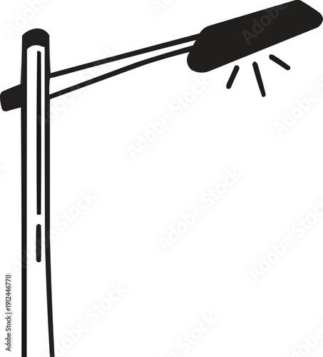 described features a black and white drawing of a street lamp, characterized by its long, rectangular head attached to a vertical pole