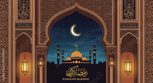 Ramadan mubarak greeting card with mosque at night crescent moon lanterns and arabic calligraphy