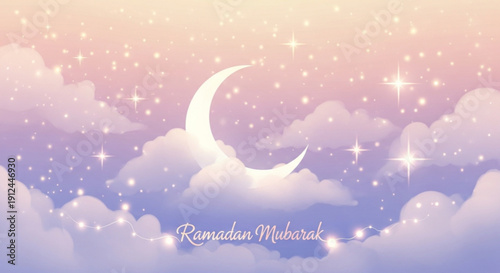 Ramadan mubarak crescent moon in starry night sky with clouds