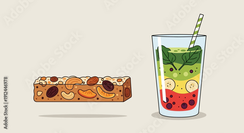 Glass of Fruit Smoothie and Granola Bar.