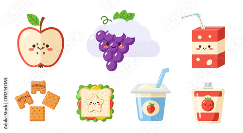 Assorted Cartoon Fruits and Snacks Illustration.
