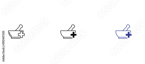 Pharmacy Mortar and Pestle Icon Set with Medical Cross Symbol, Editable Line Vector Collection for Healthcare, Medicine, Drugstore, Clinic and Pharmaceutical Design Use