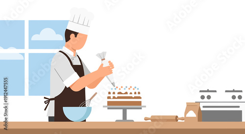 Baker Decorating Cake with Icing Bag in Kitchen