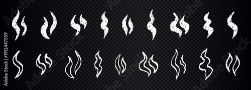 White grunge steam wavy set on transparent background.Smoke lines with a distressed texture.Sketchy wind and vapor doodle shapes for motion and aroma effects.Chalk doodle style smoke elements