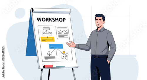 Businessman presenting workshop diagram on flip chart, team collaboration, strategy development
