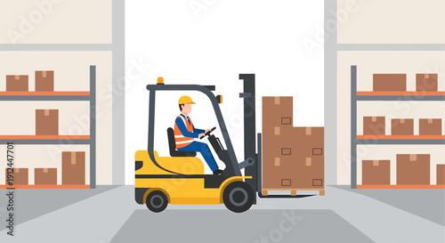 Forklift Operator Working in Warehouse, Moving Boxes, Logistics and Supply Chain