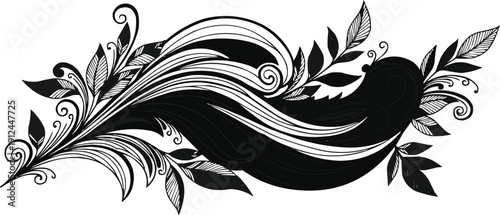 described features a black and white freehand drawing of a decorative flourish or scroll design, characterized by its organic and flowing shape. The design resembles a wave or a stylized bird, which 