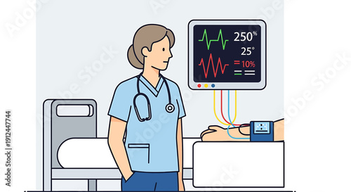 Nurse Monitoring Patient Vital Signs on Medical Monitor in Hospital Room