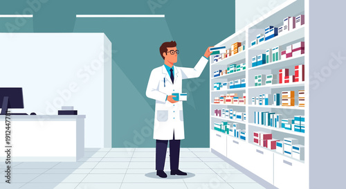 Pharmacist Arranging Medicine Boxes on Shelves in Pharmacy Interior