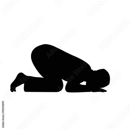 Silhouette of a person praying on a white background representing Islamic worship